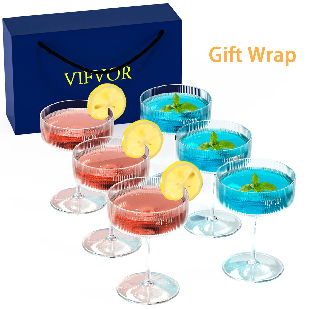 6 Pcs 10 oz Ribbed Coupe Cocktail Glasses O800187