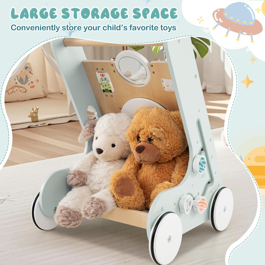 Wooden Baby Walker Push and Pull Learning Activity Center with Wheels Storage Green L151