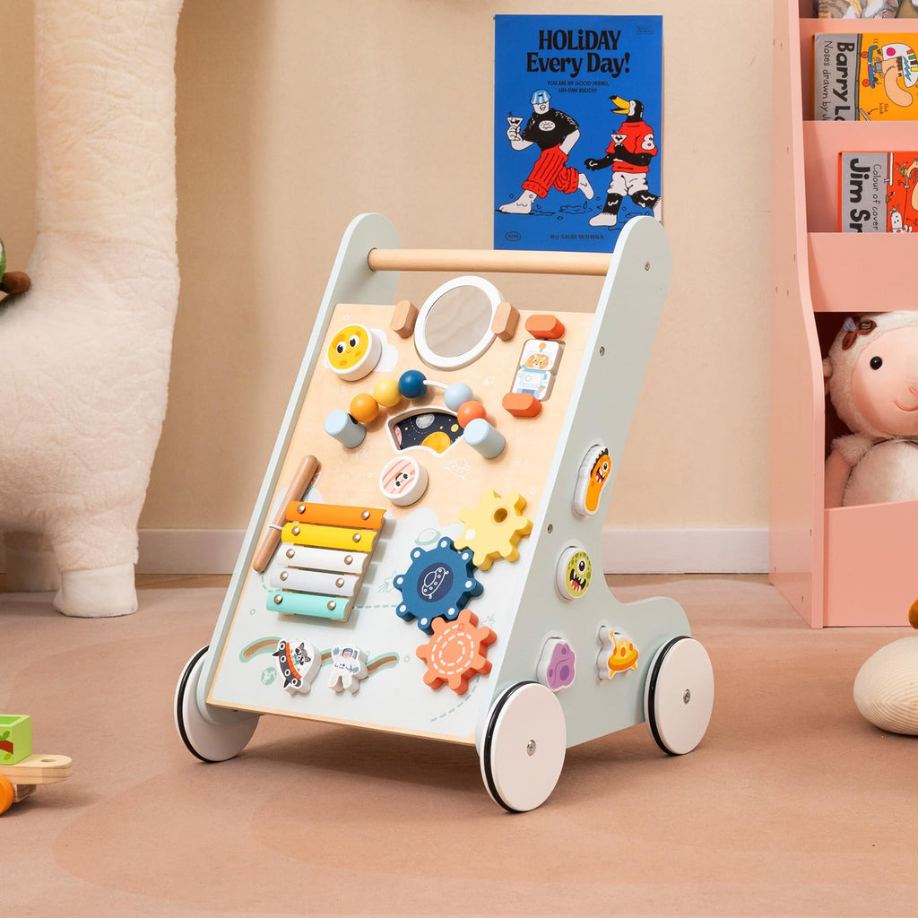 Wooden Baby Walker Push and Pull Learning Activity Center with Wheels Storage Green L151