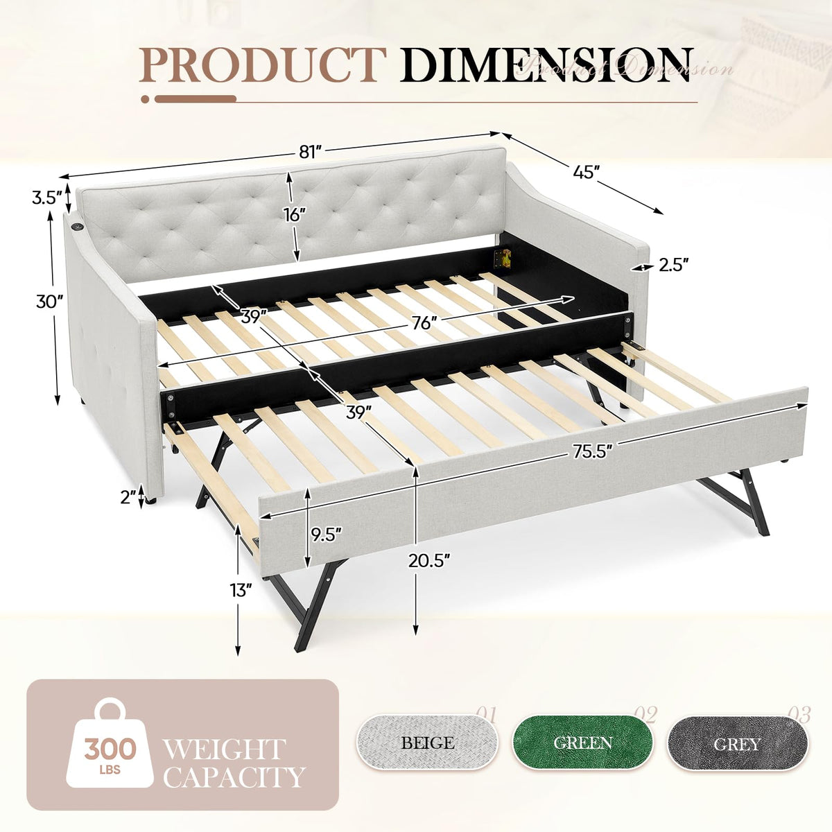 Beige Fabric Upholstered Twin Size Daybed with Pop up Trundle Q925