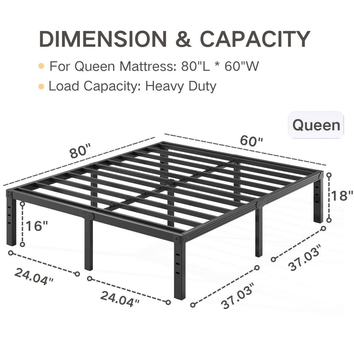 Black 18" Metal Queen Bed Frame K4141