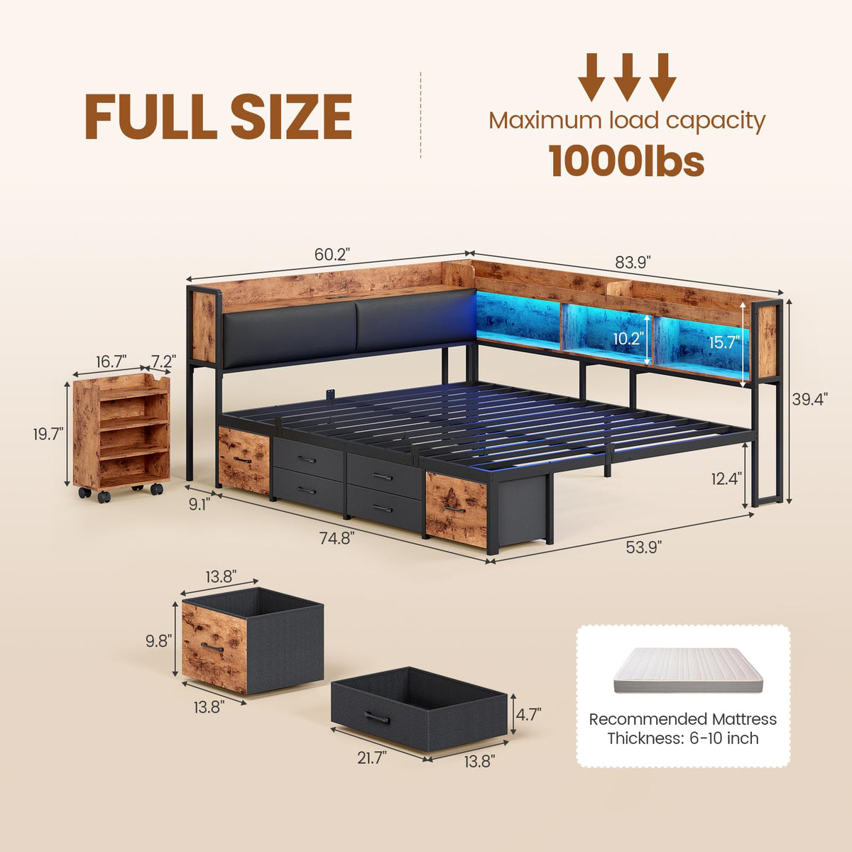 Full Corner Bed Frame with Bookcase Hidden Storage Pull-Out Cabinet Charging Station P678