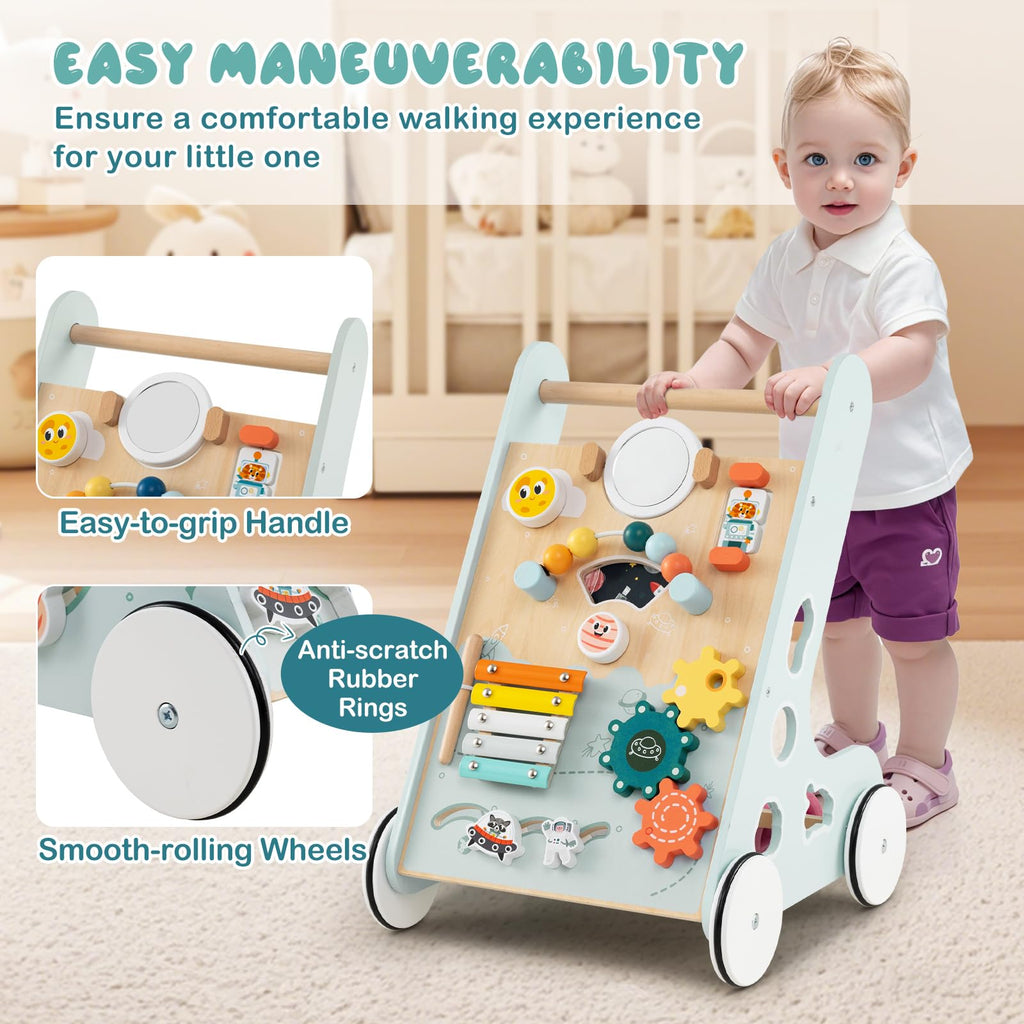 Wooden Baby Walker Push and Pull Learning Activity Center with Wheels Storage Green L151