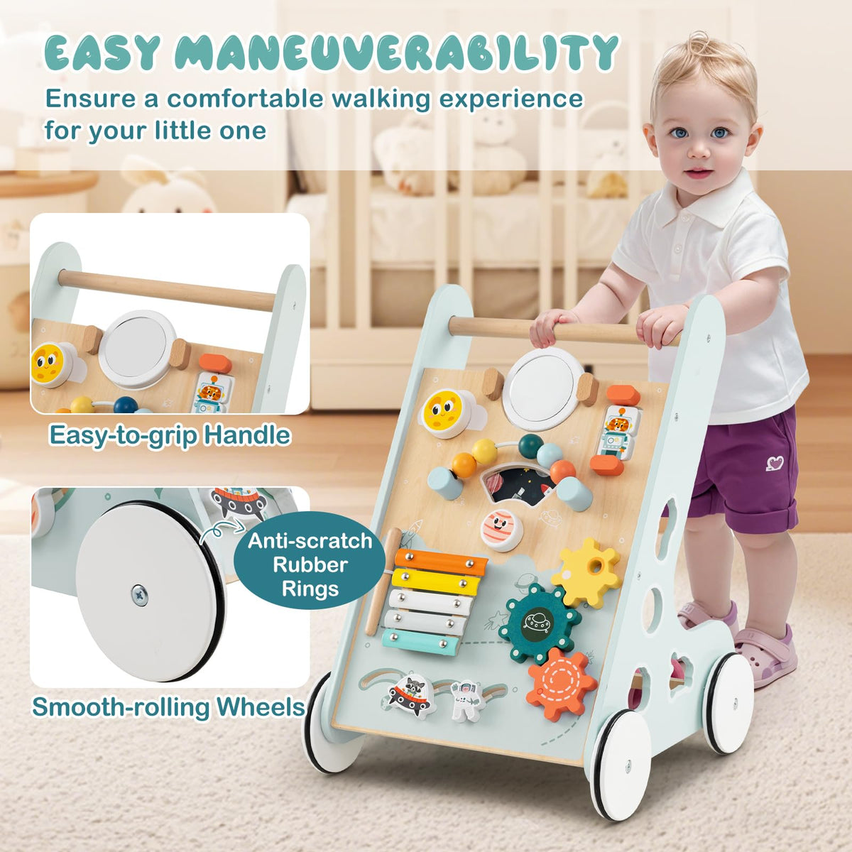 Wooden Baby Walker Push and Pull Learning Activity Center with Wheels Storage Green L151