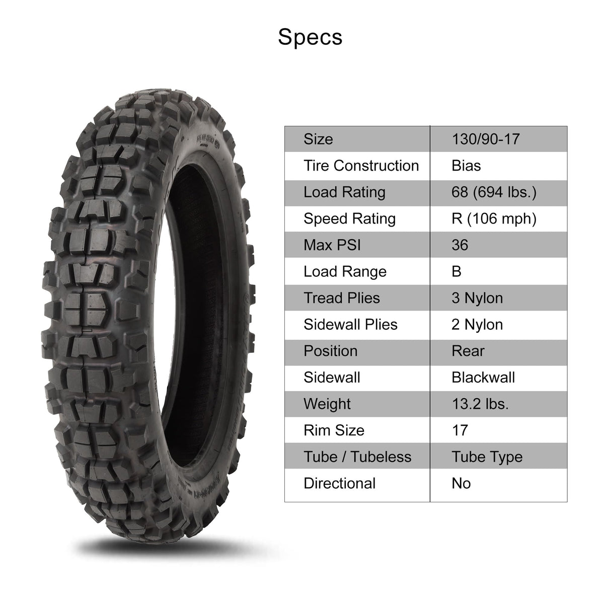 Adventure Motorcycle Tire 130/90-17 Rear Dual Sport On/Off-Road W298186