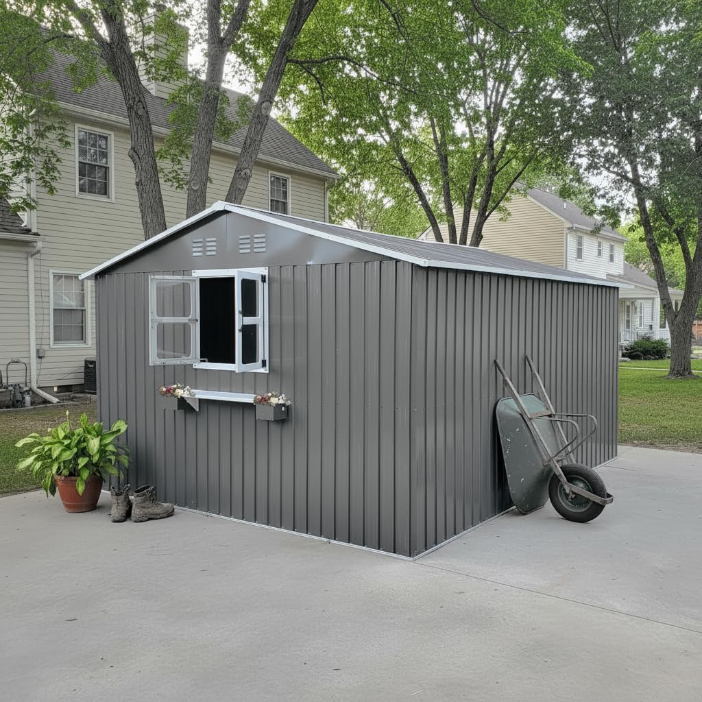 12x10 FT Grey Metal Storage Shed with Clear Windows S9661