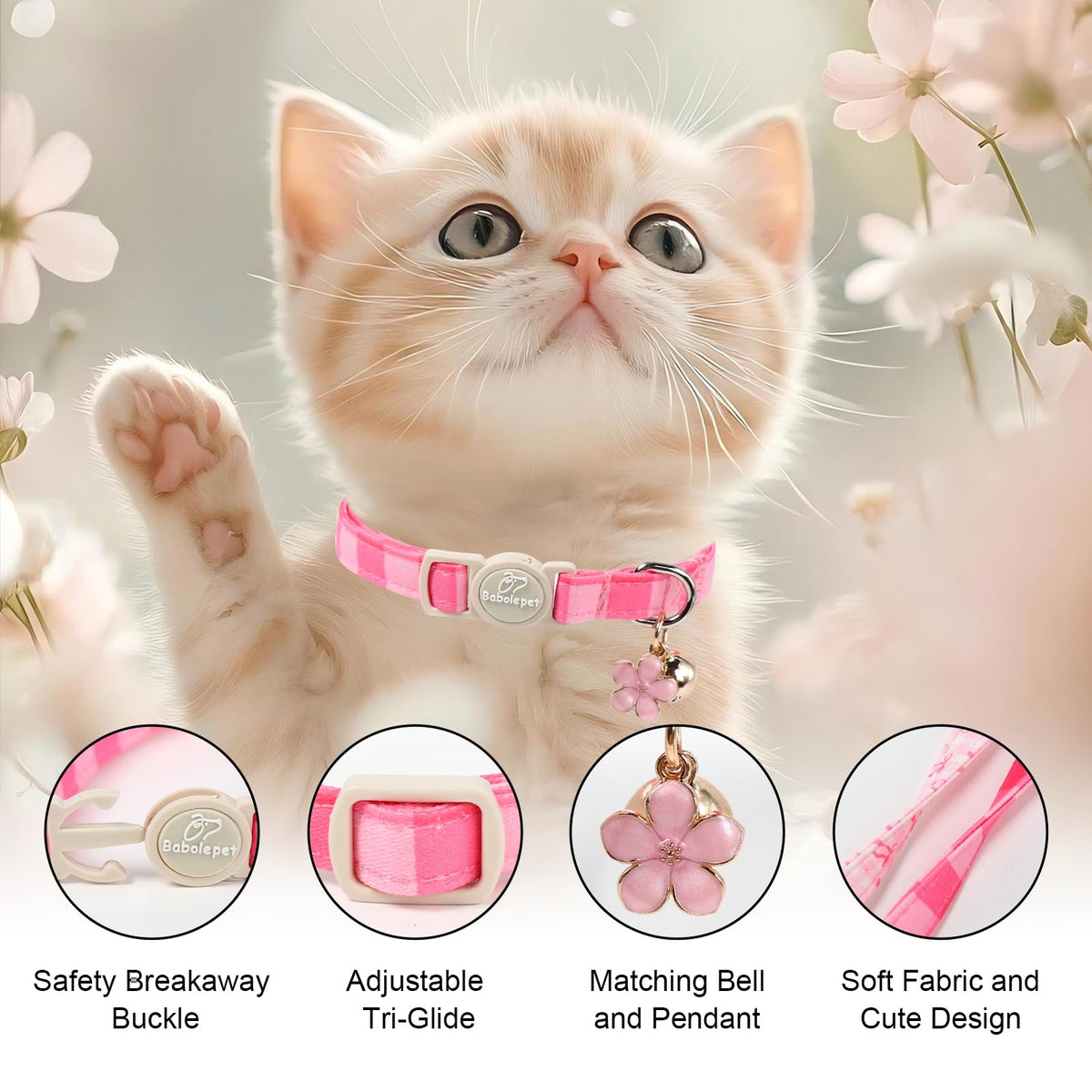 Pink Breakaway Cat Collar with Bell, Bow and Flower Pendant D24455