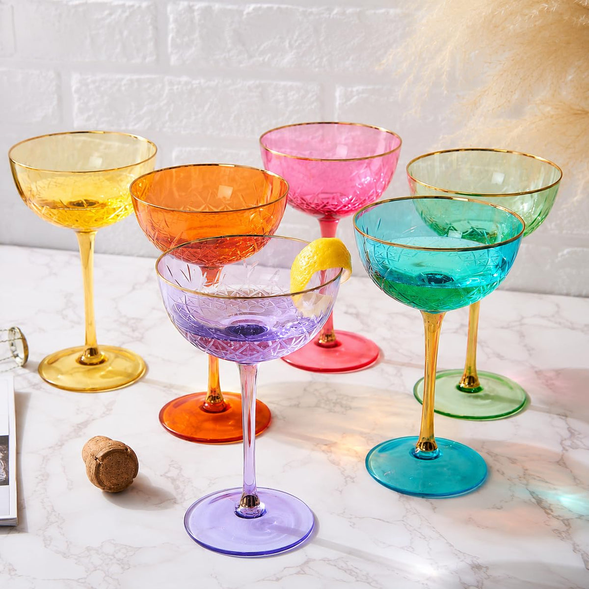Set of 6 7 oz Vintage Art Deco Coupe Cocktail Glassware I83731