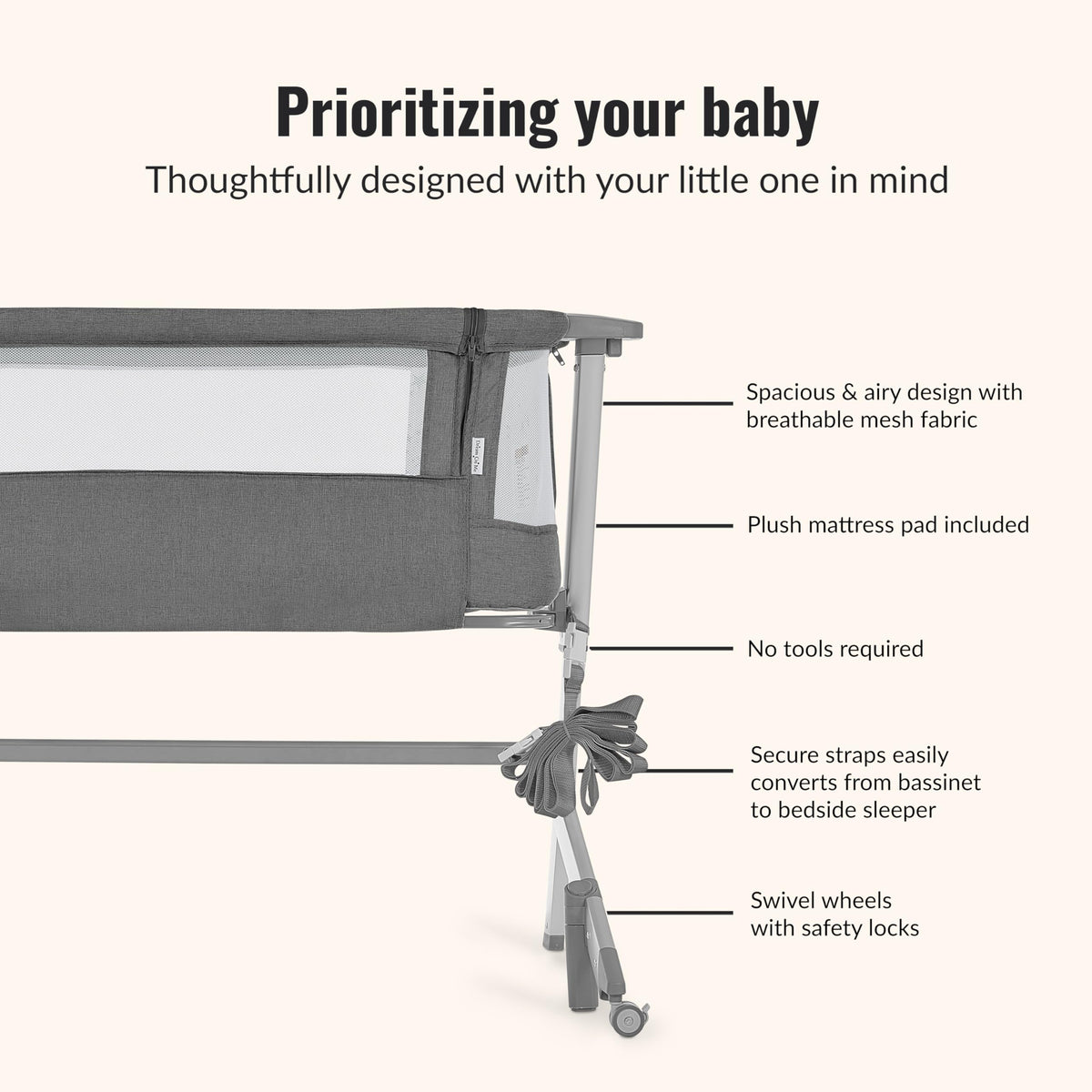 Grey Adjustable Height Bassinet & Bedside Sleeper X143