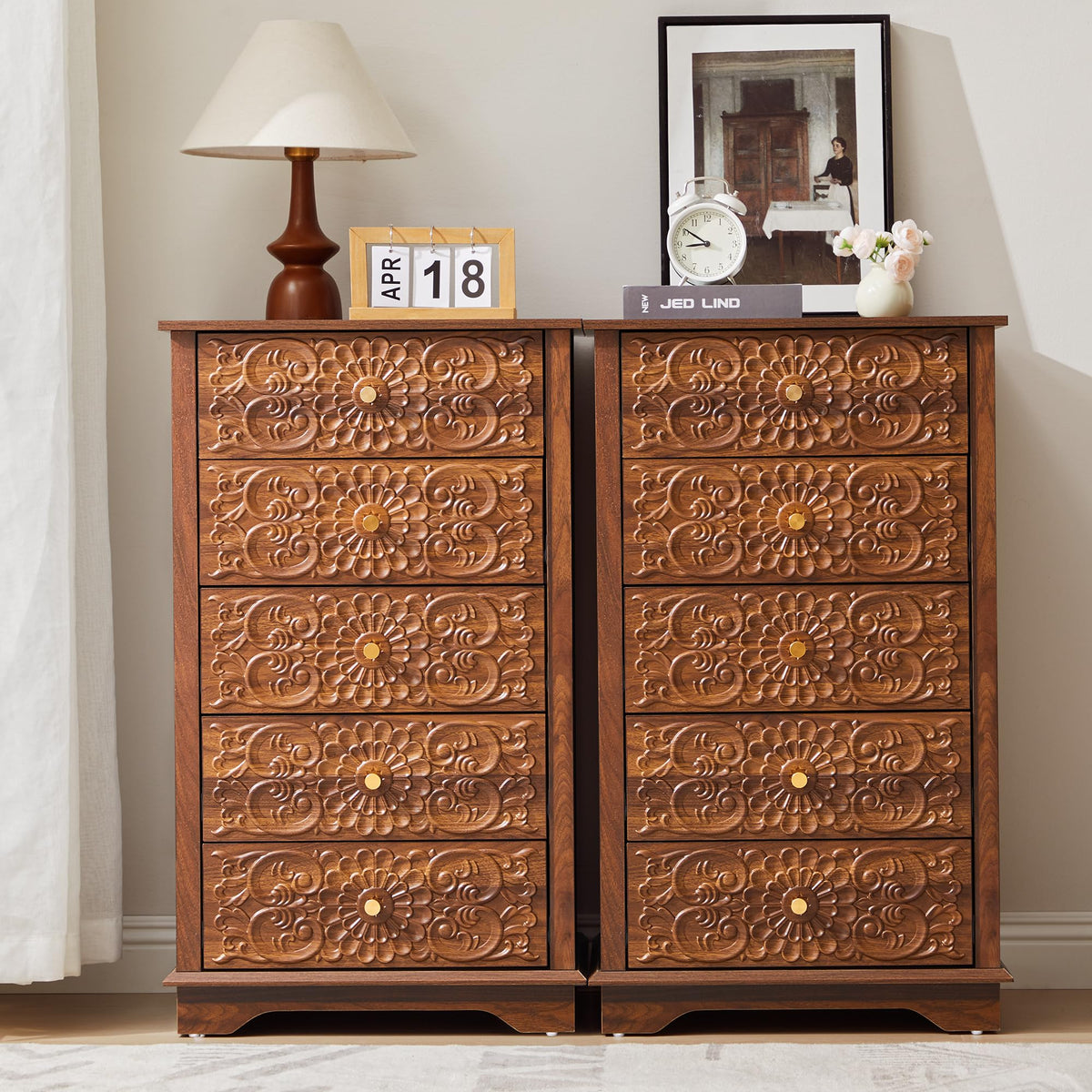 5 Drawer Narrow Wooden Dresser with Gold Handles N829