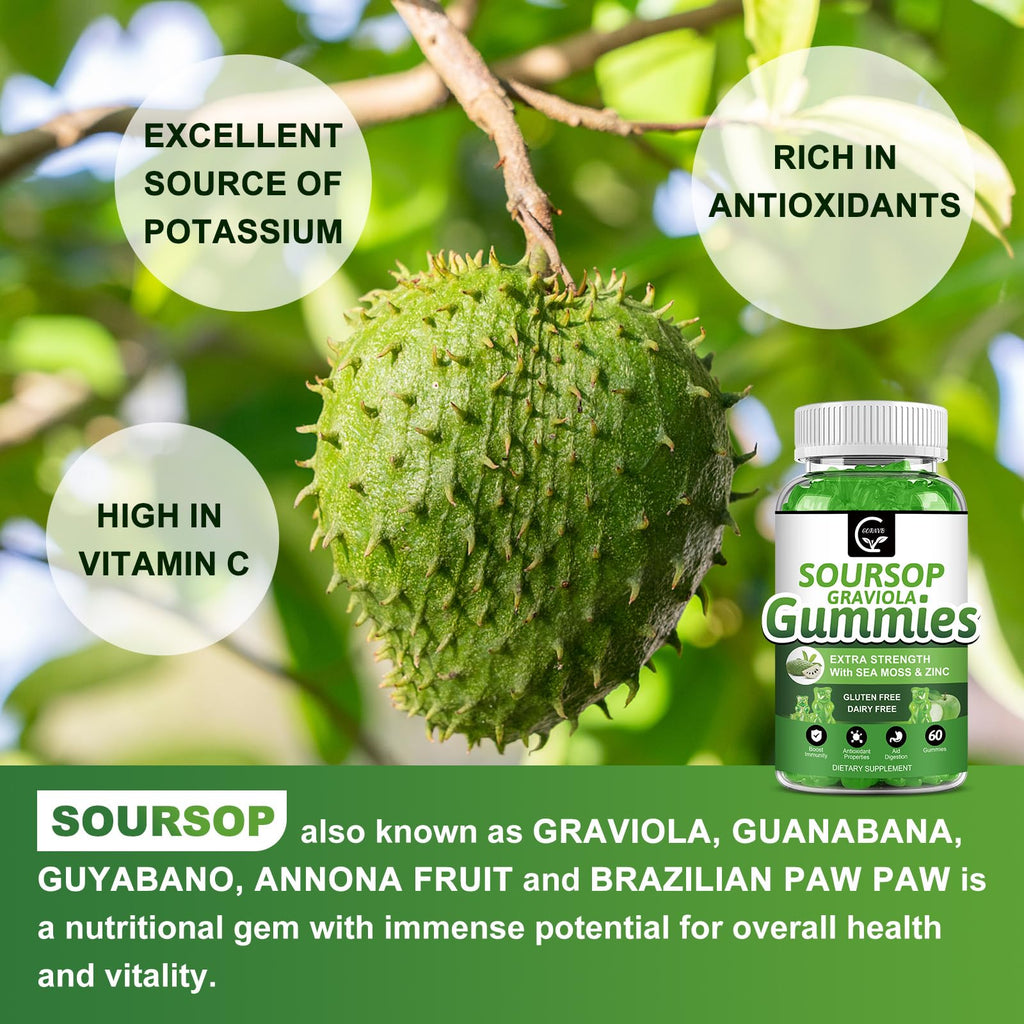 Organic Soursop Graviola Gummies 2200mg with Sea Moss Zinc Vitamin C 60 Gummies Y852871