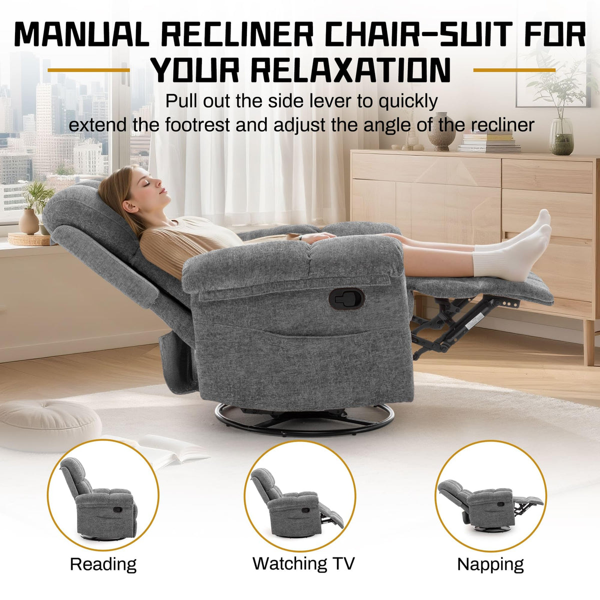 Grey Chenille Swivel Rocker Recliner Chair Z578