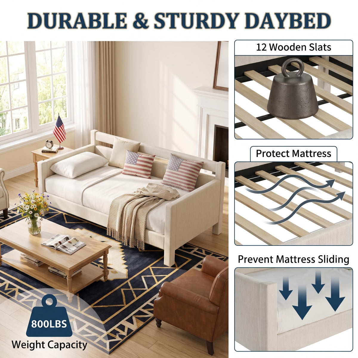 Twin Size Upholstered Platform Daybed with Headboard D308