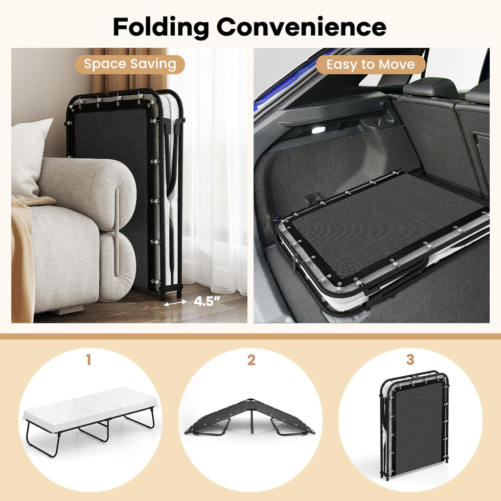 Folding Bed with Mattress Memory Foam Metal Frame F190