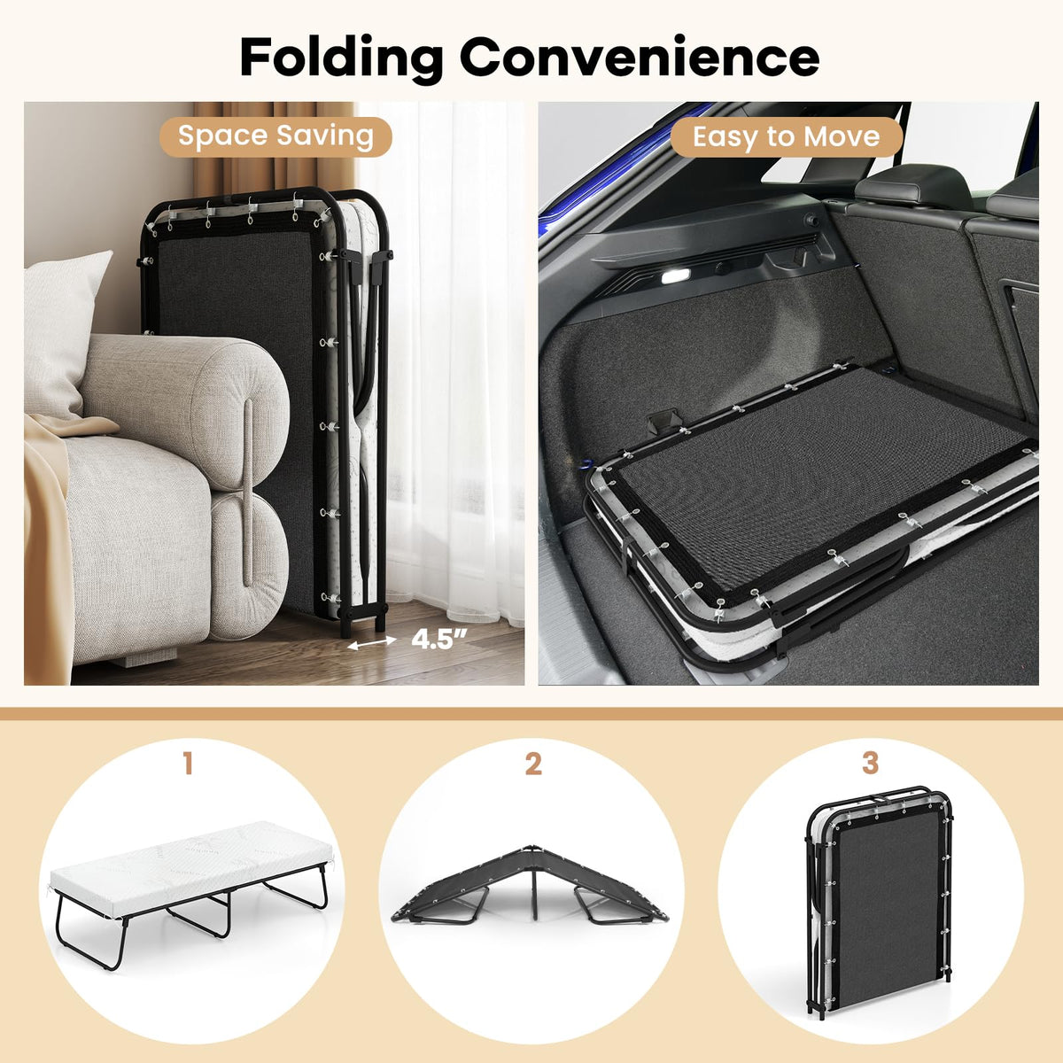 Folding Bed with Mattress Memory Foam Metal Frame F190