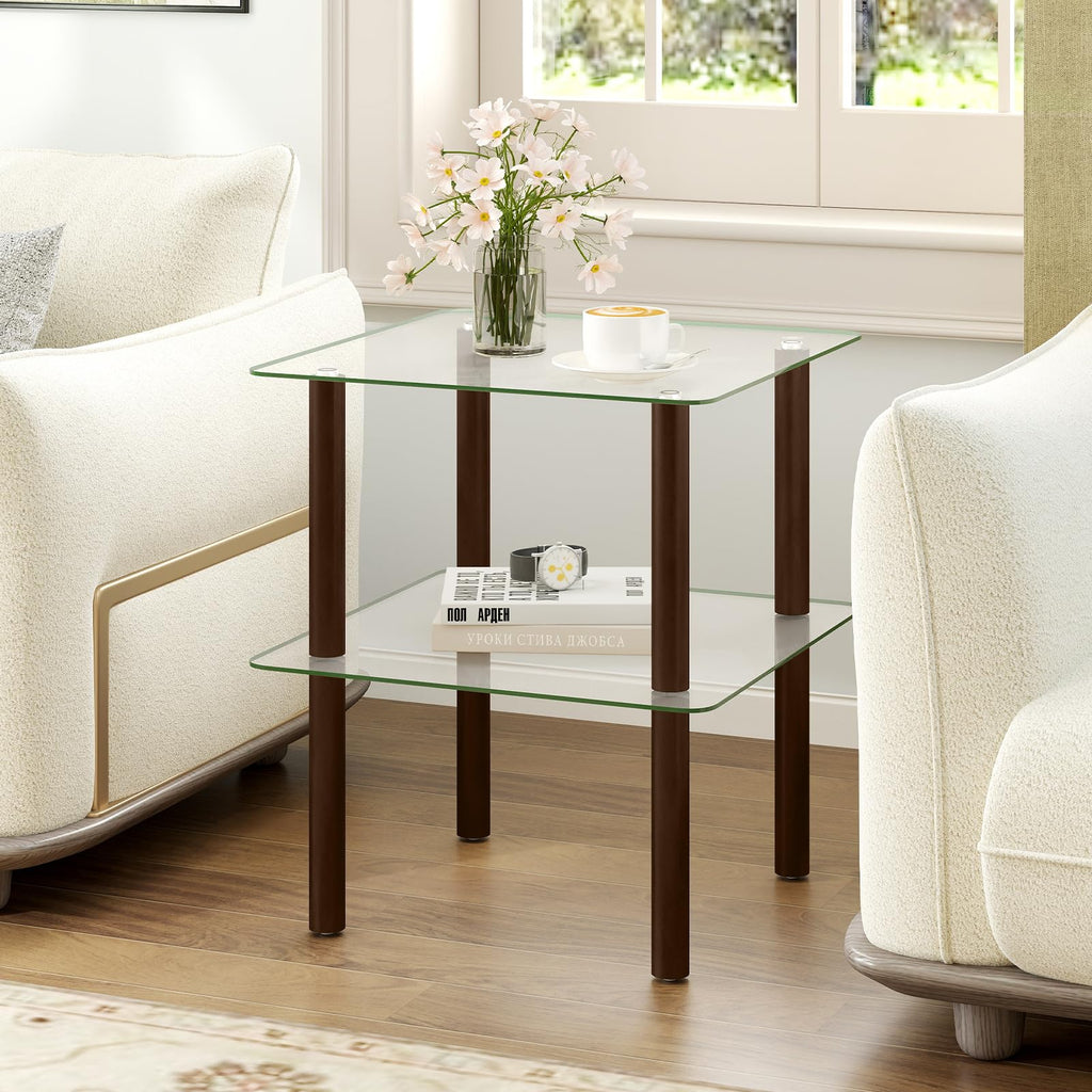 Square End Table Set of 2, 2-Tier Glass Top Sofa Side Table Y766127