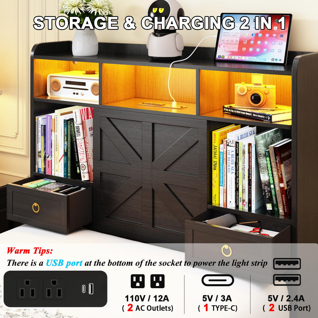 Black Twin Bed Frame with Storage Headboard and Drawers P7578