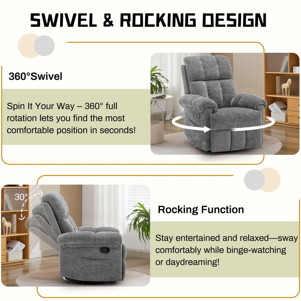 Grey Chenille Swivel Rocker Recliner Chair Z578