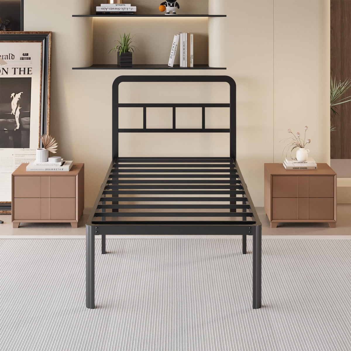 18 Inch Twin XL Black Metal Bed Frame with Headboard I3317