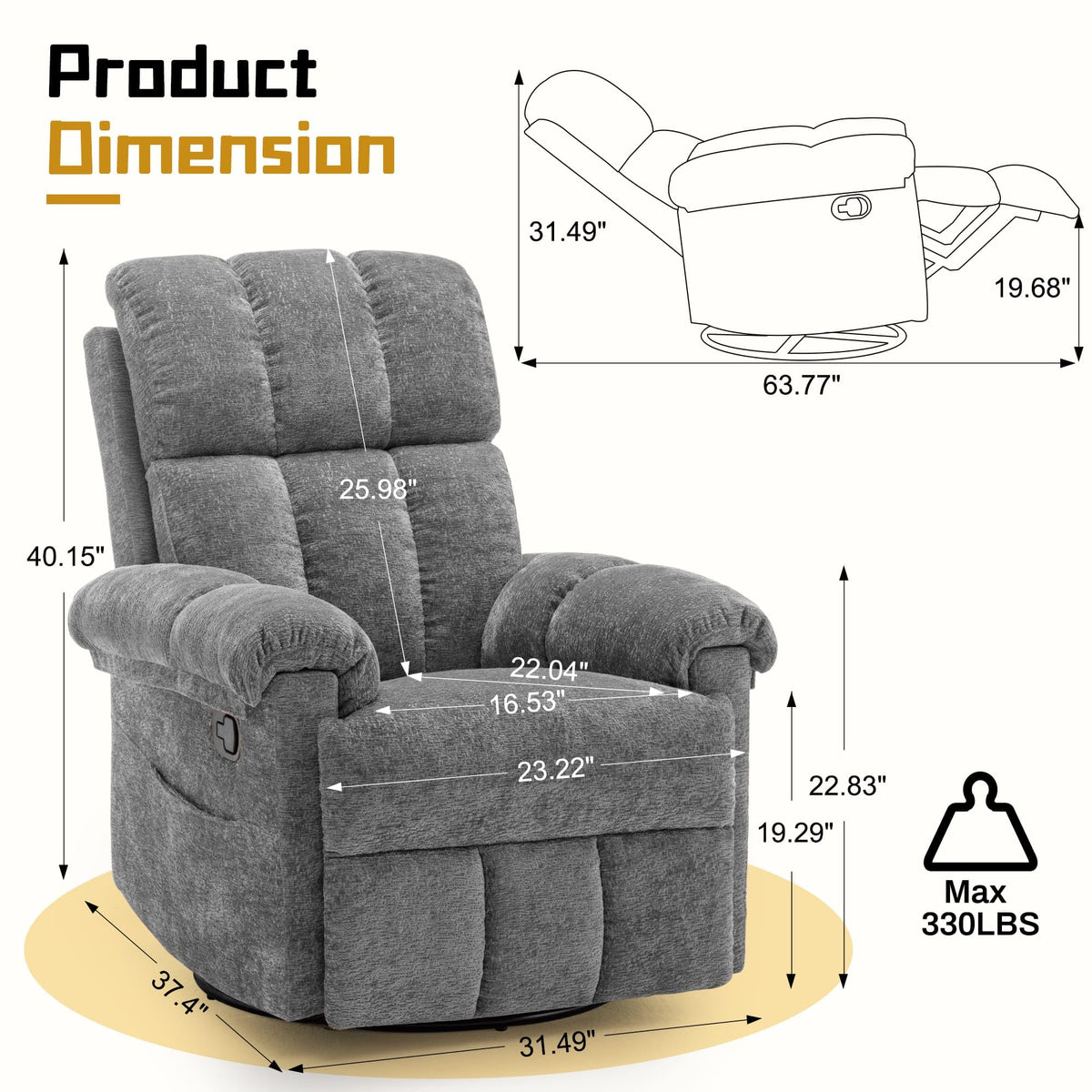 Grey Chenille Swivel Rocker Recliner Chair Z578