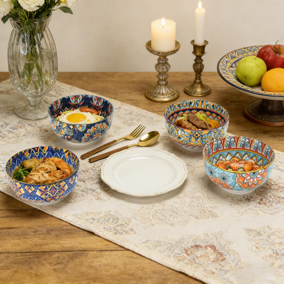 Set of 4 34oz Bohemian Ceramic Bowls Q112