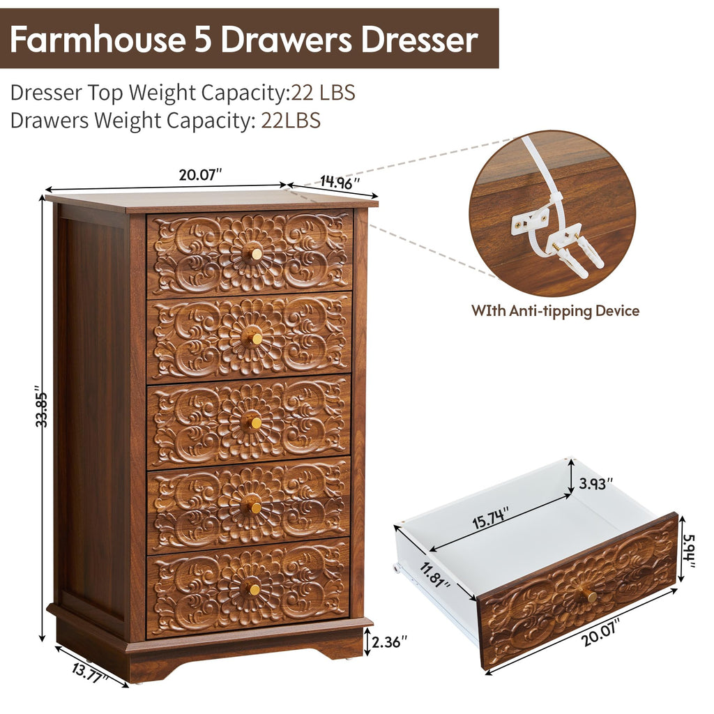 5 Drawer Narrow Wooden Dresser with Gold Handles N829