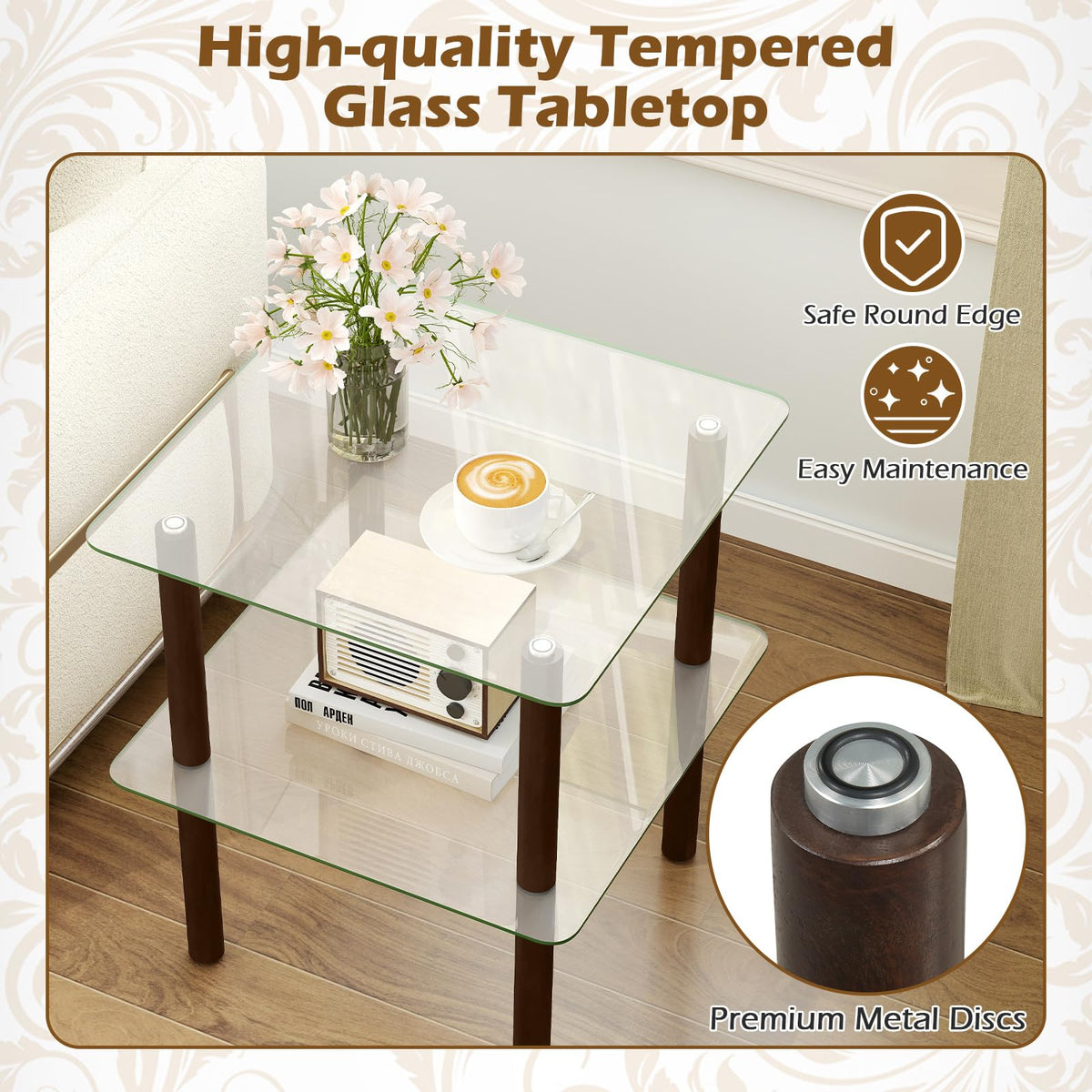 Square End Table Set of 2, 2-Tier Glass Top Sofa Side Table Y766127