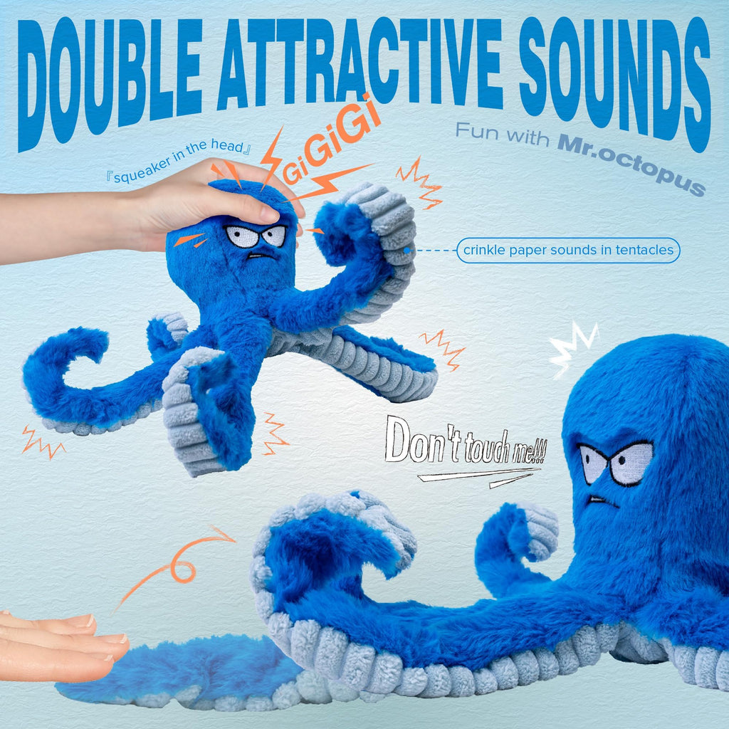 Stuffed Squeaky Crinkle Blue Octopus Dog Toy W401