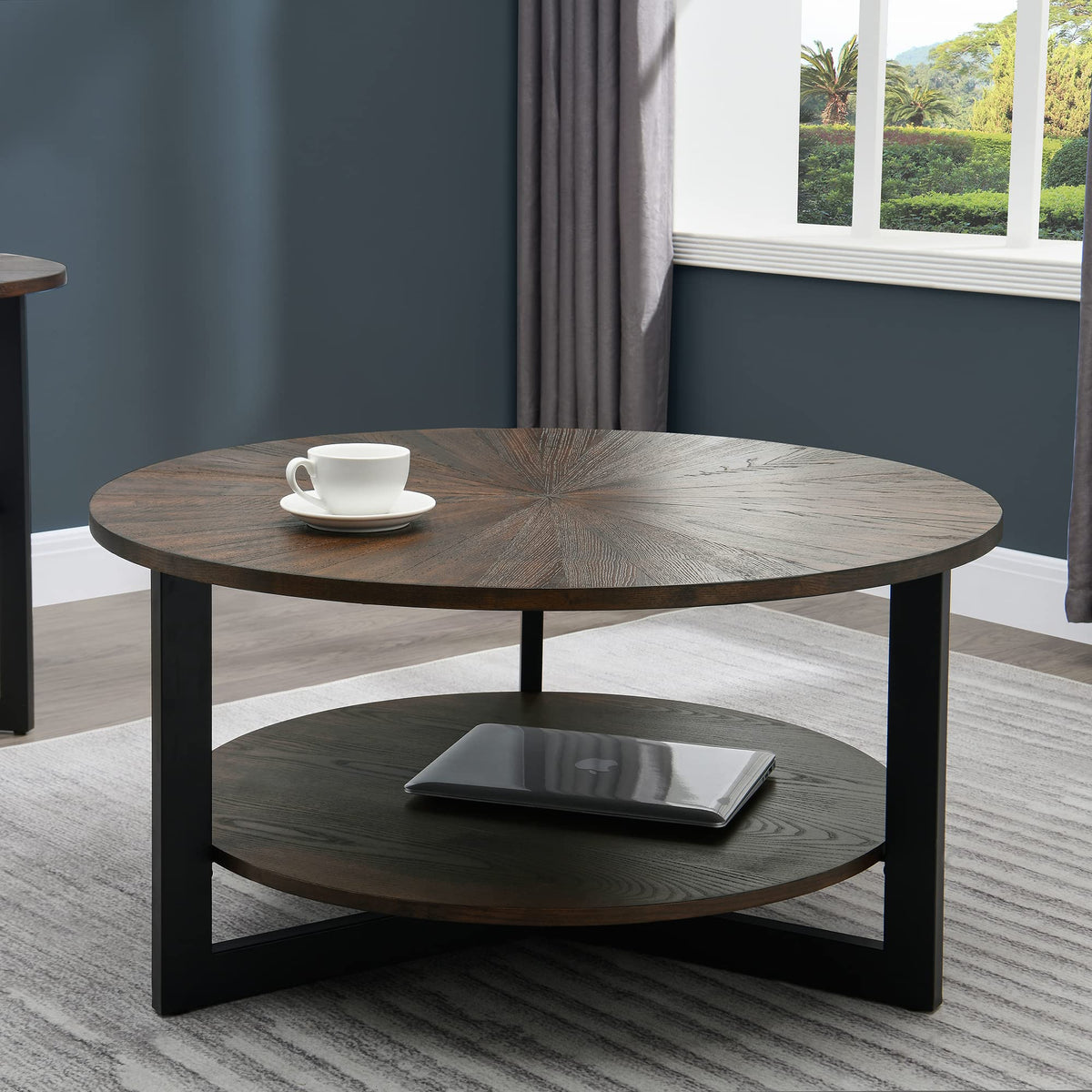 Round Coffee Table with Storage Shelf, Black Metal Legs, 35.3''D x 17.8''H R586
