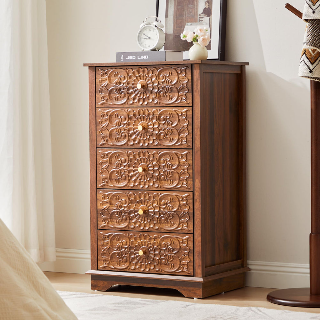 5 Drawer Narrow Wooden Dresser with Gold Handles N829