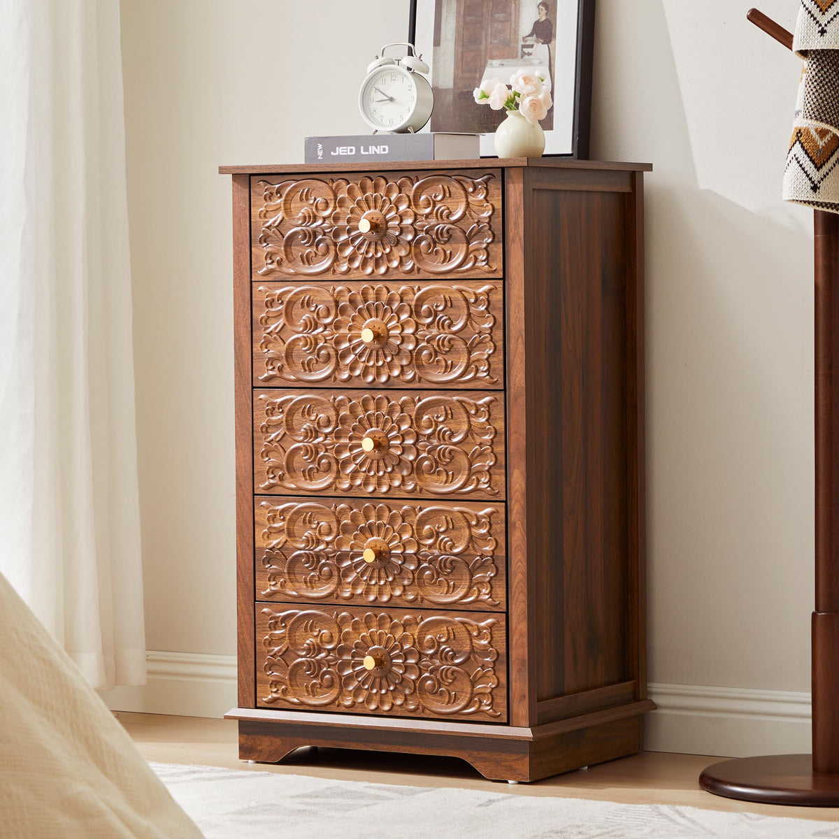 5 Drawer Narrow Wooden Dresser with Gold Handles N829