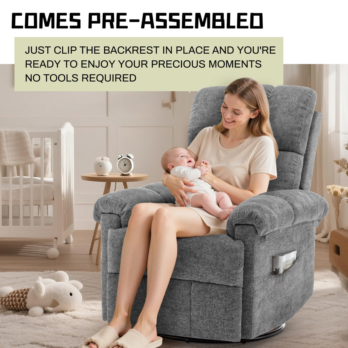 Grey Chenille Swivel Rocker Recliner Chair Z578