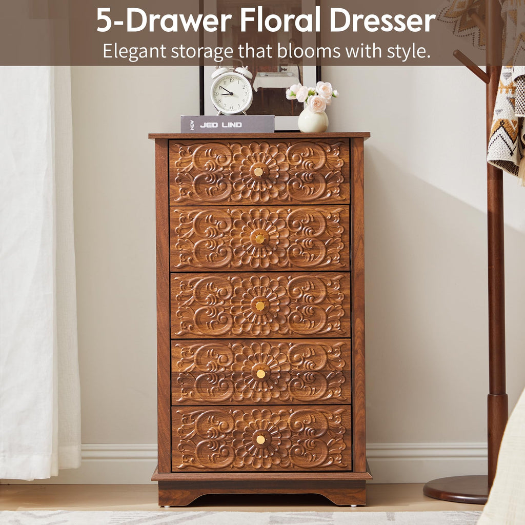 5 Drawer Narrow Wooden Dresser with Gold Handles N829