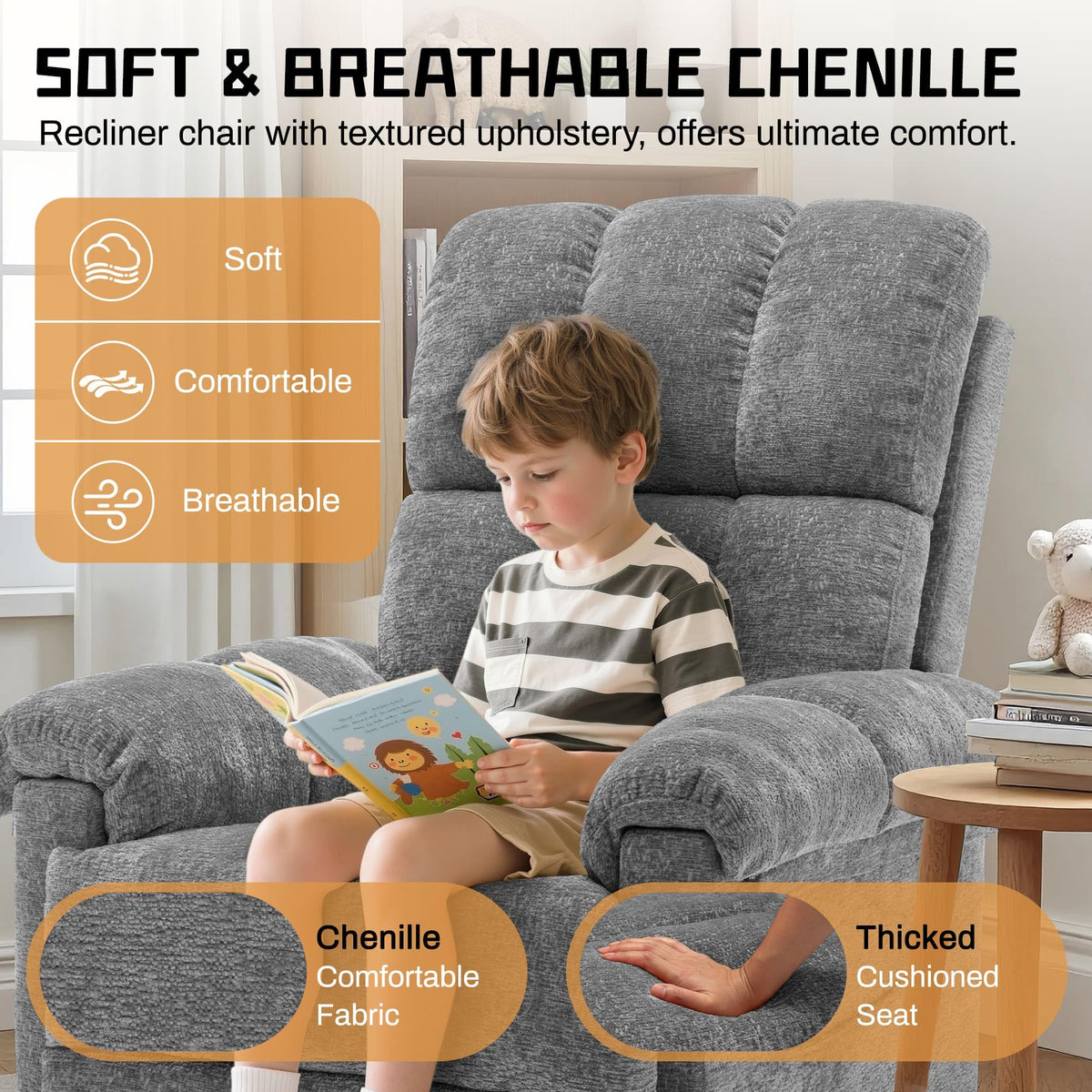 Grey Chenille Swivel Rocker Recliner Chair Z578