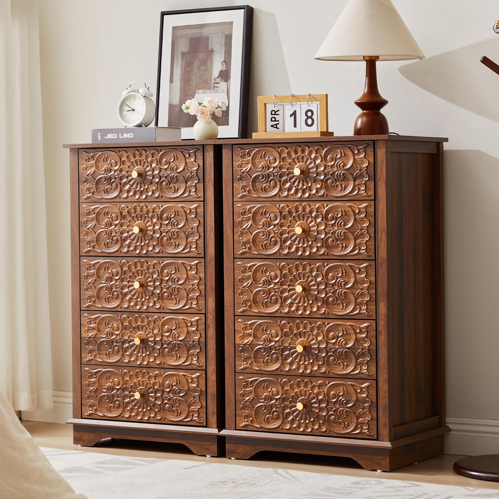 5 Drawer Narrow Wooden Dresser with Gold Handles N829