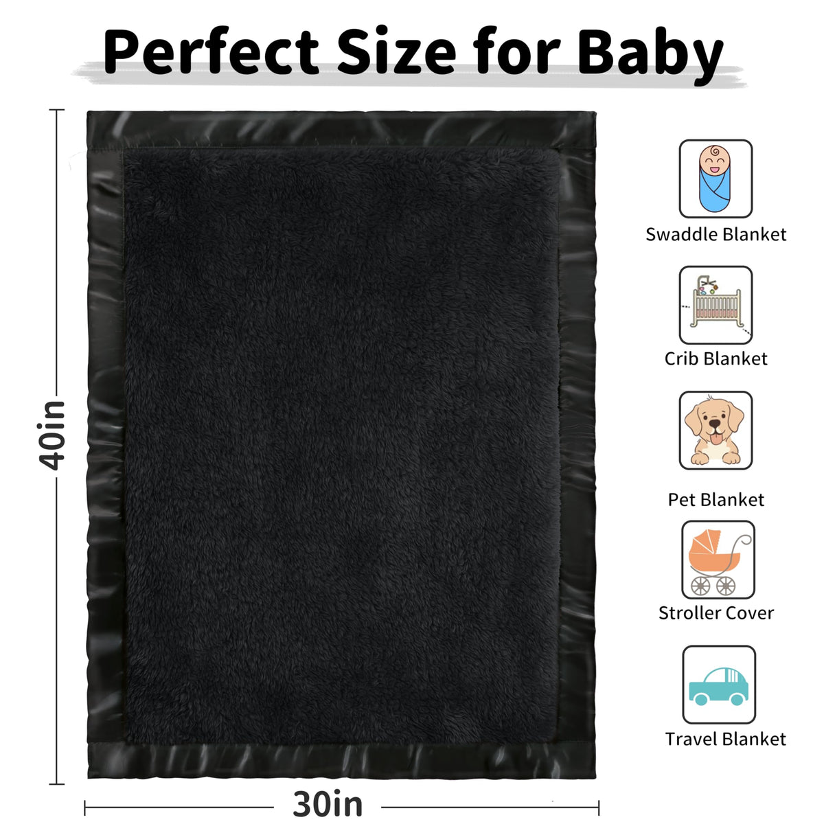 Fleece Baby Blanket with Satin Trim Black 30''x40'' X1585