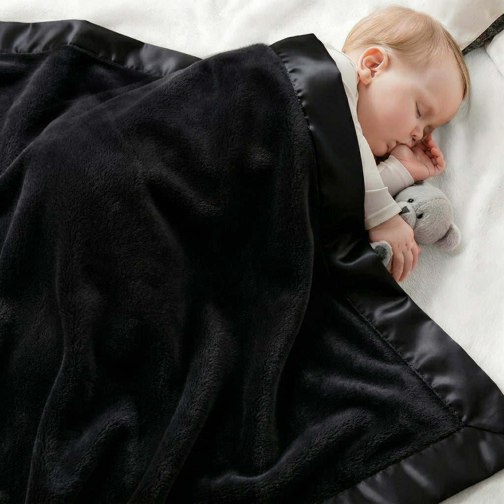 Fleece Baby Blanket with Satin Trim Black 30''x40'' X1585