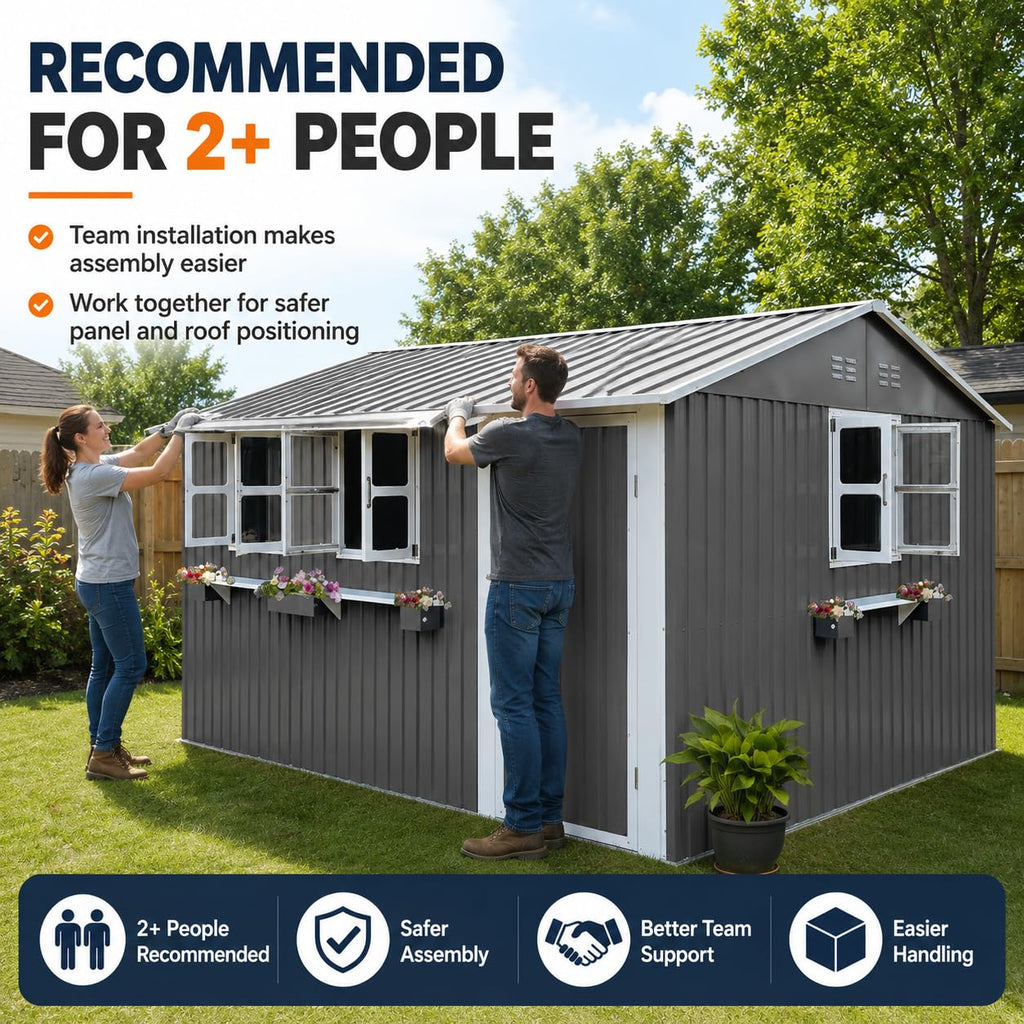 12x10 FT Grey Metal Storage Shed with Clear Windows S9661