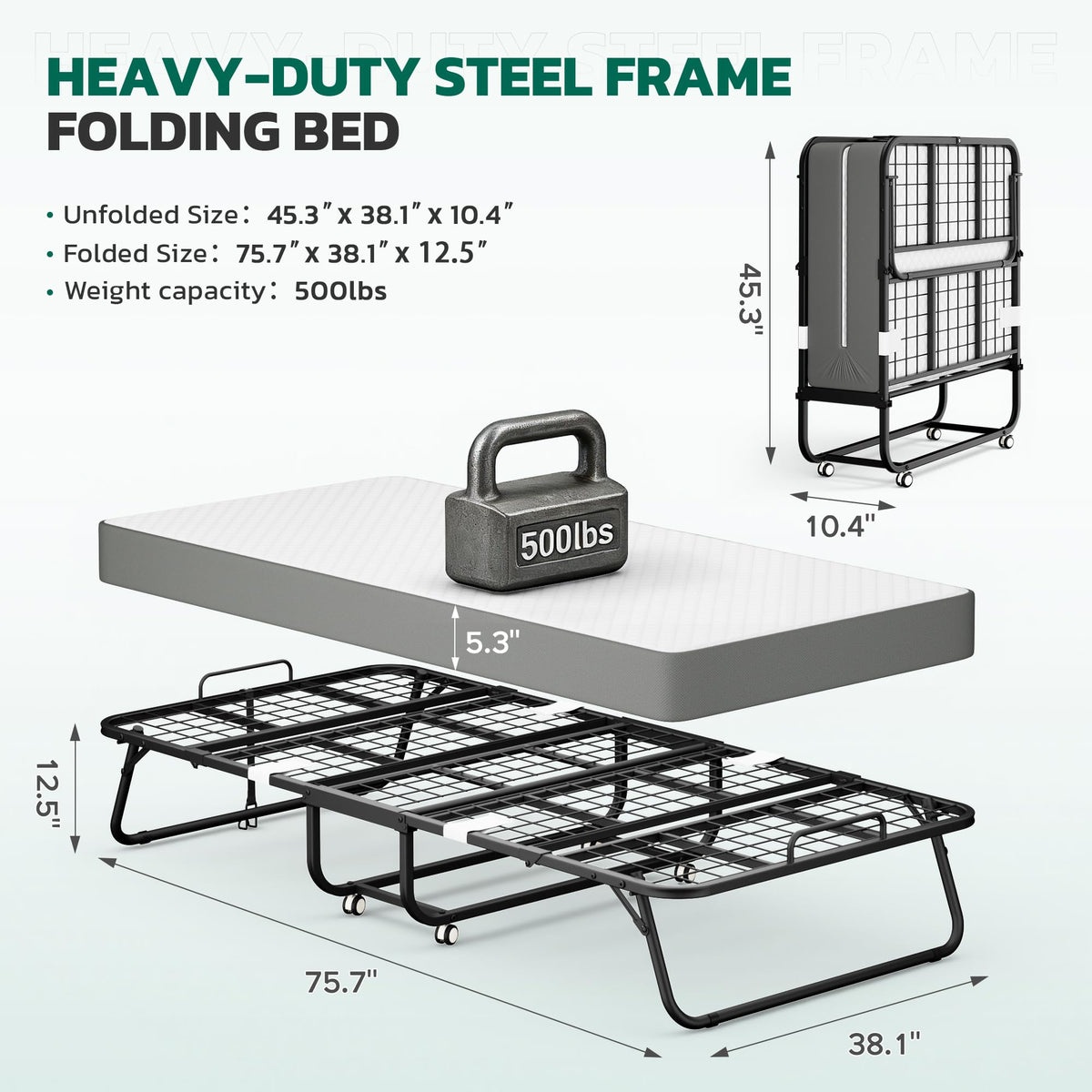 Folding Bed with 5 Inch Mattress, Twin Size M73035