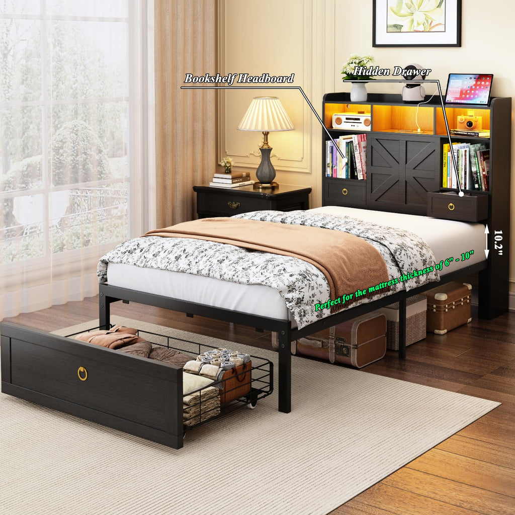 Black Twin Bed Frame with Storage Headboard and Drawers P7578
