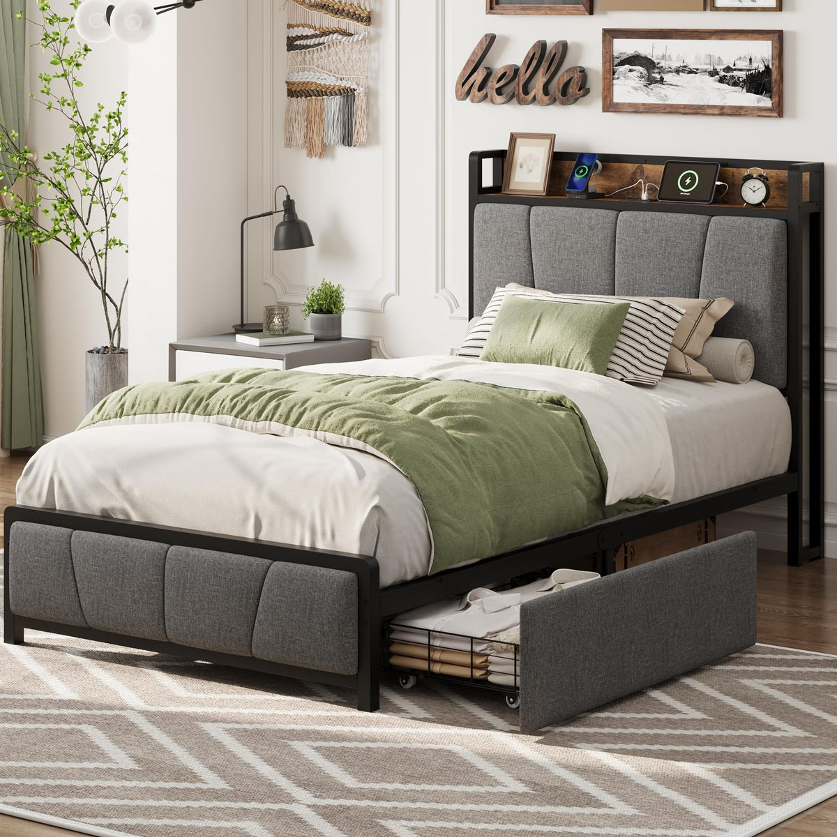 Gray Twin Size Bed Frame with 2 Drawers U94094