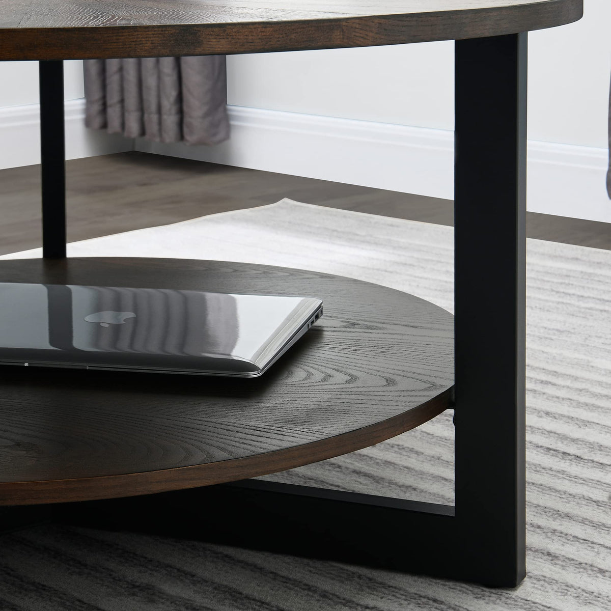 Round Coffee Table with Storage Shelf, Black Metal Legs, 35.3''D x 17.8''H R586