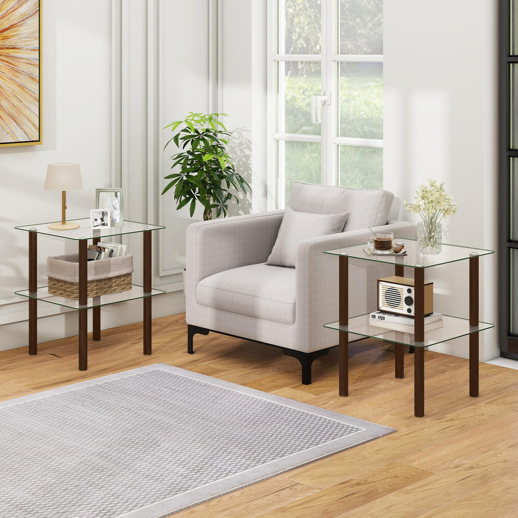 Square End Table Set of 2, 2-Tier Glass Top Sofa Side Table Y766127