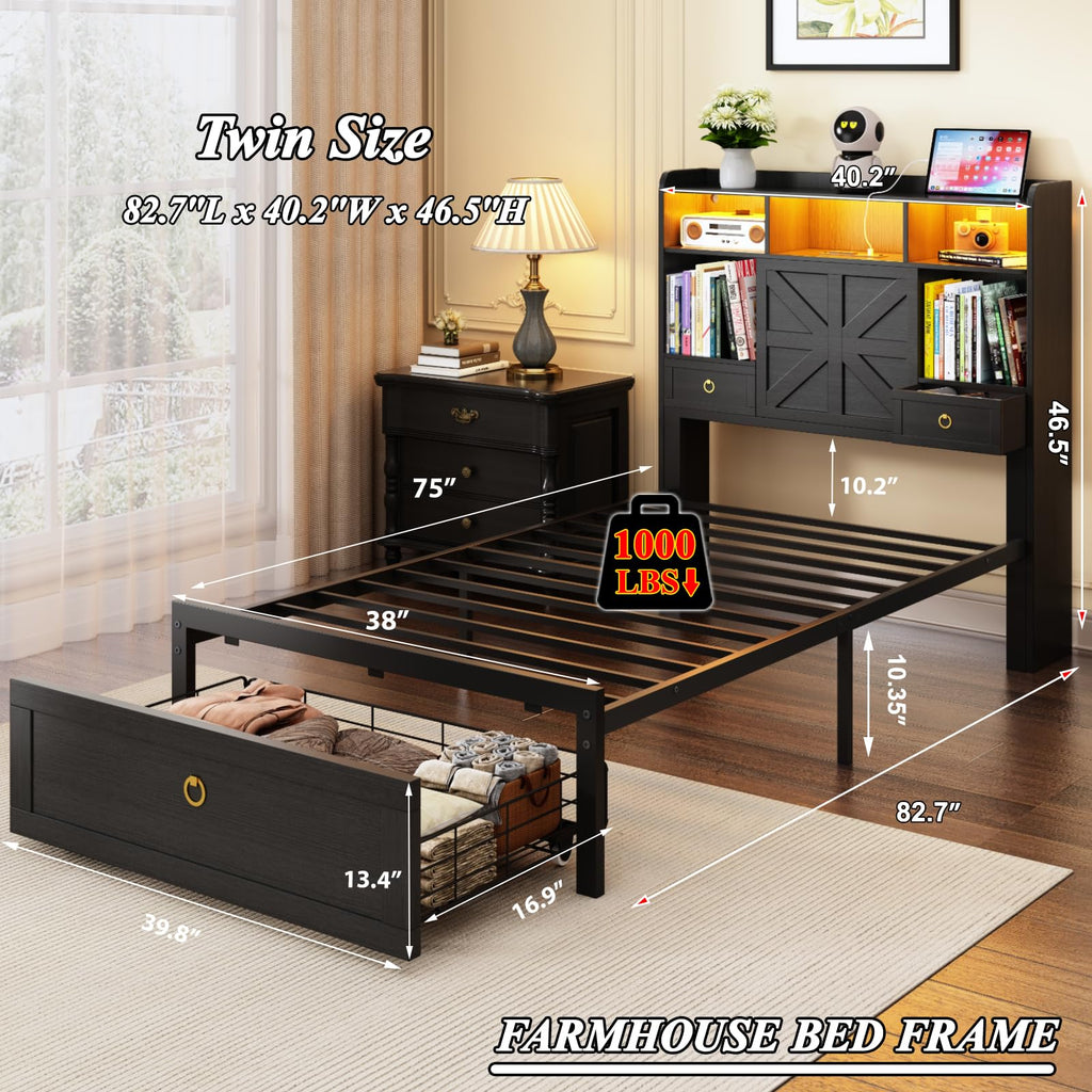 Black Twin Bed Frame with Storage Headboard and Drawers P7578