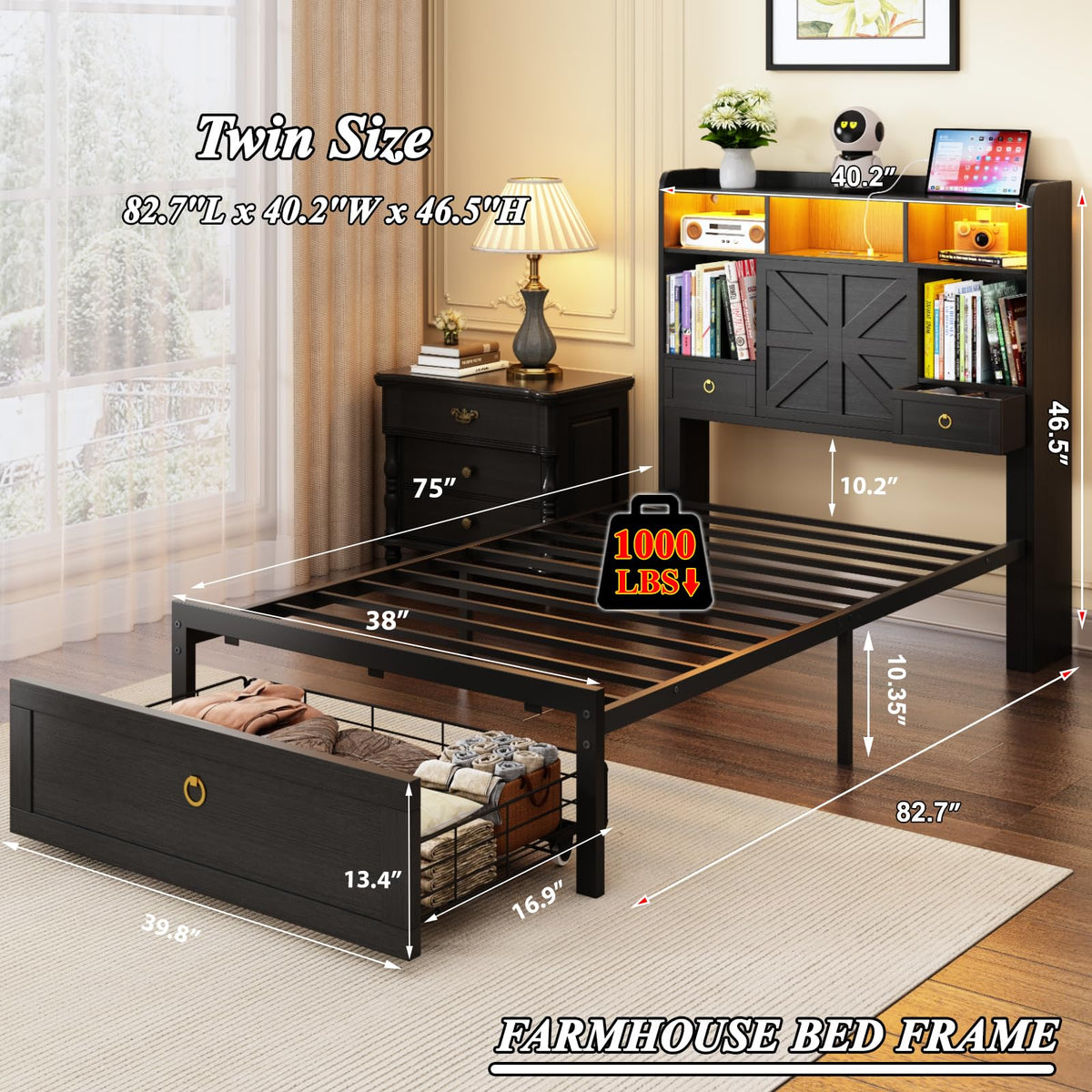 Black Twin Bed Frame with Storage Headboard and Drawers P7578