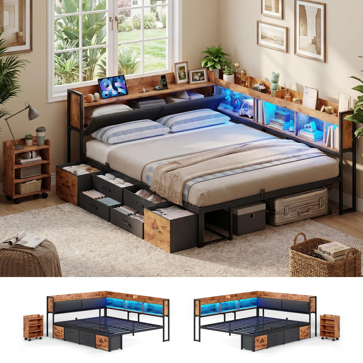 Full Corner Bed Frame with Bookcase Hidden Storage Pull-Out Cabinet Charging Station P678