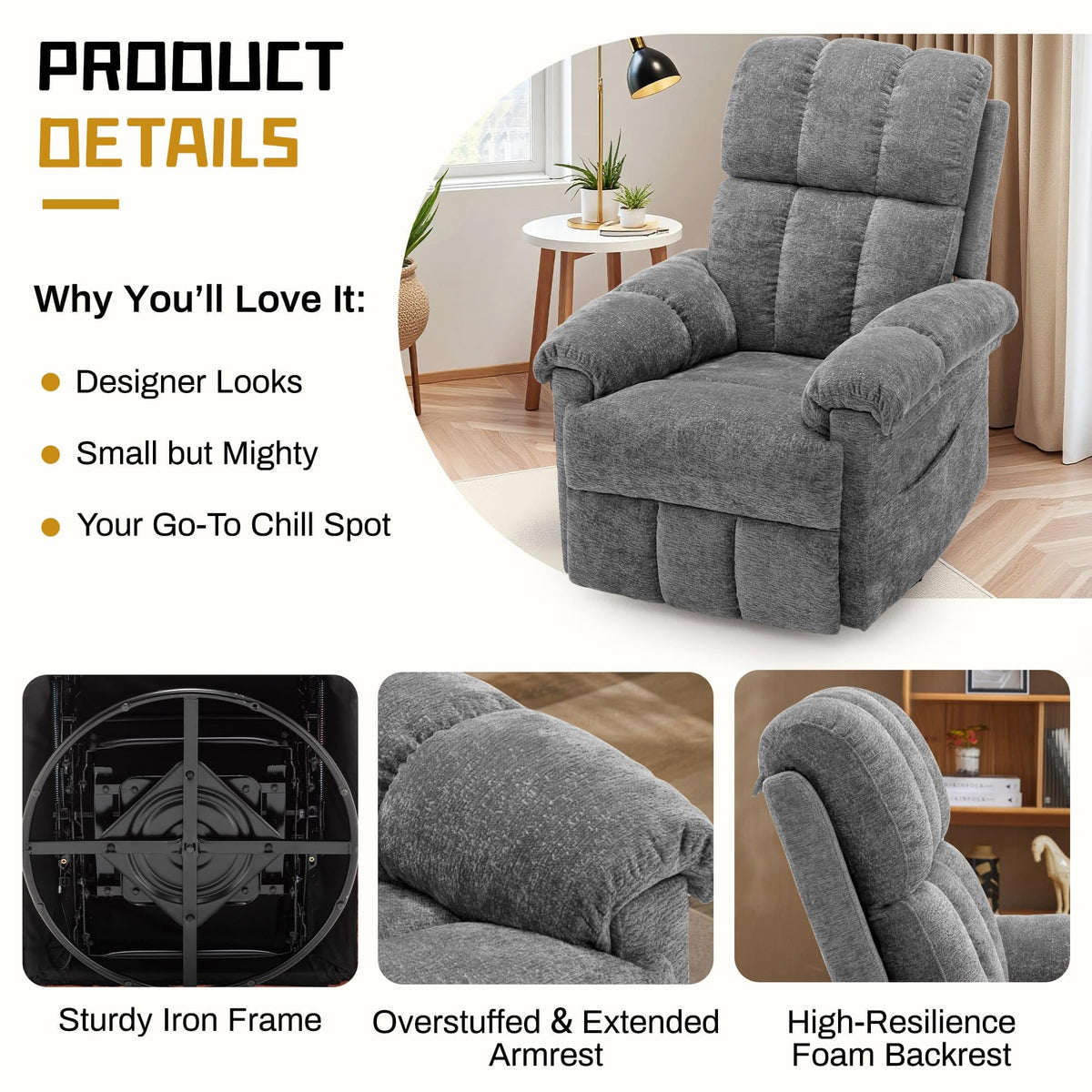 Grey Chenille Swivel Rocker Recliner Chair Z578