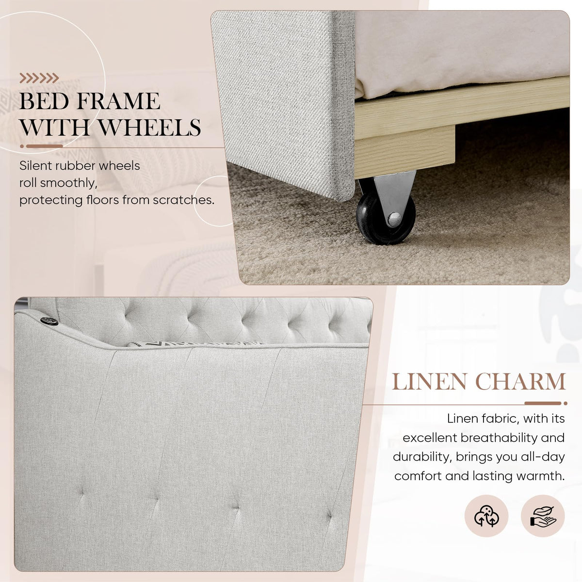 Beige Fabric Upholstered Twin Size Daybed with Pop up Trundle Q925
