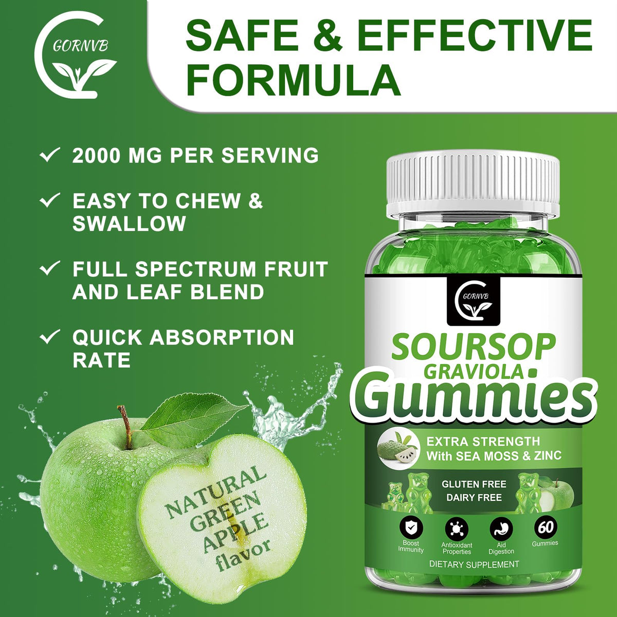 Organic Soursop Graviola Gummies 2200mg with Sea Moss Zinc Vitamin C 60 Gummies Y852871