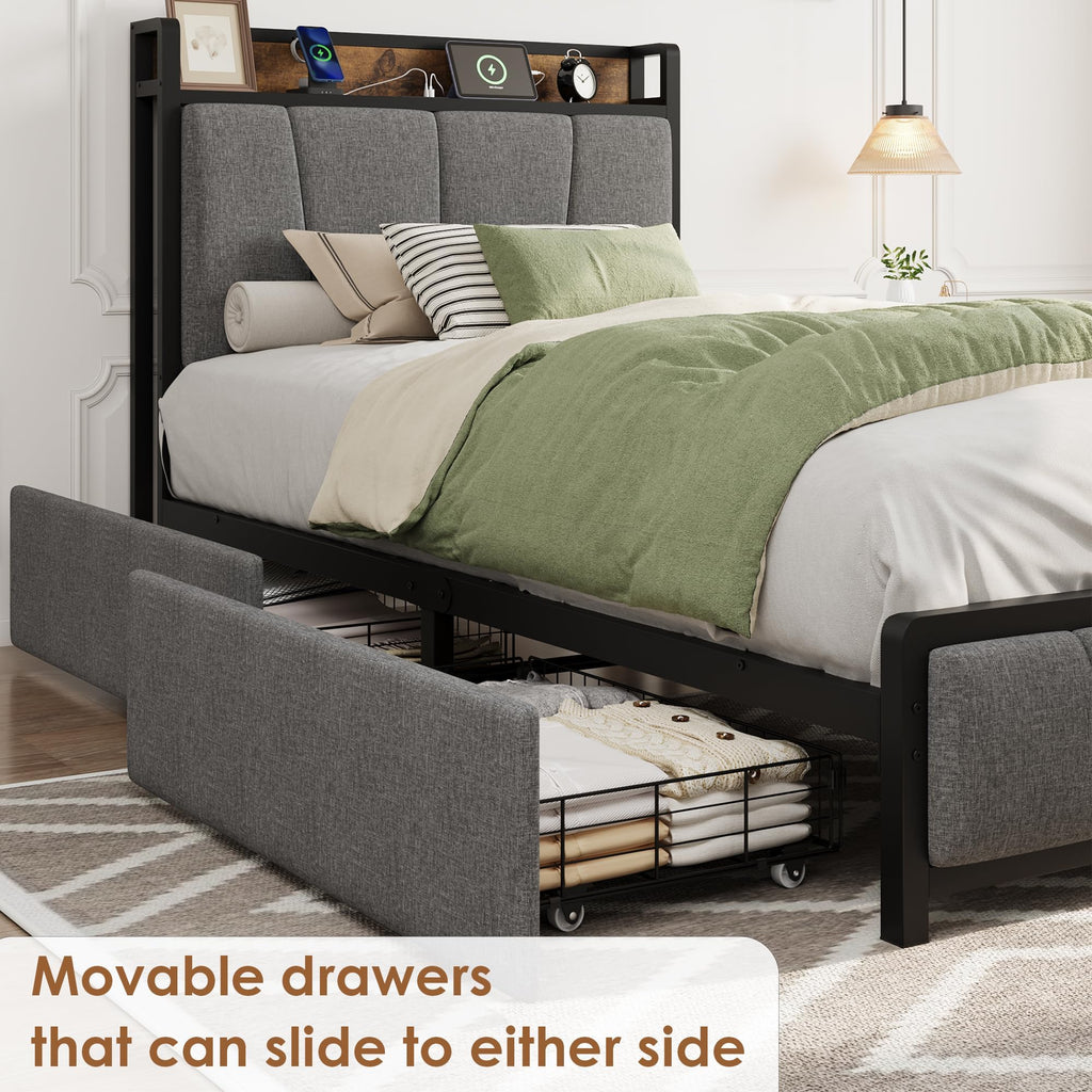 Gray Twin Size Bed Frame with 2 Drawers U94094